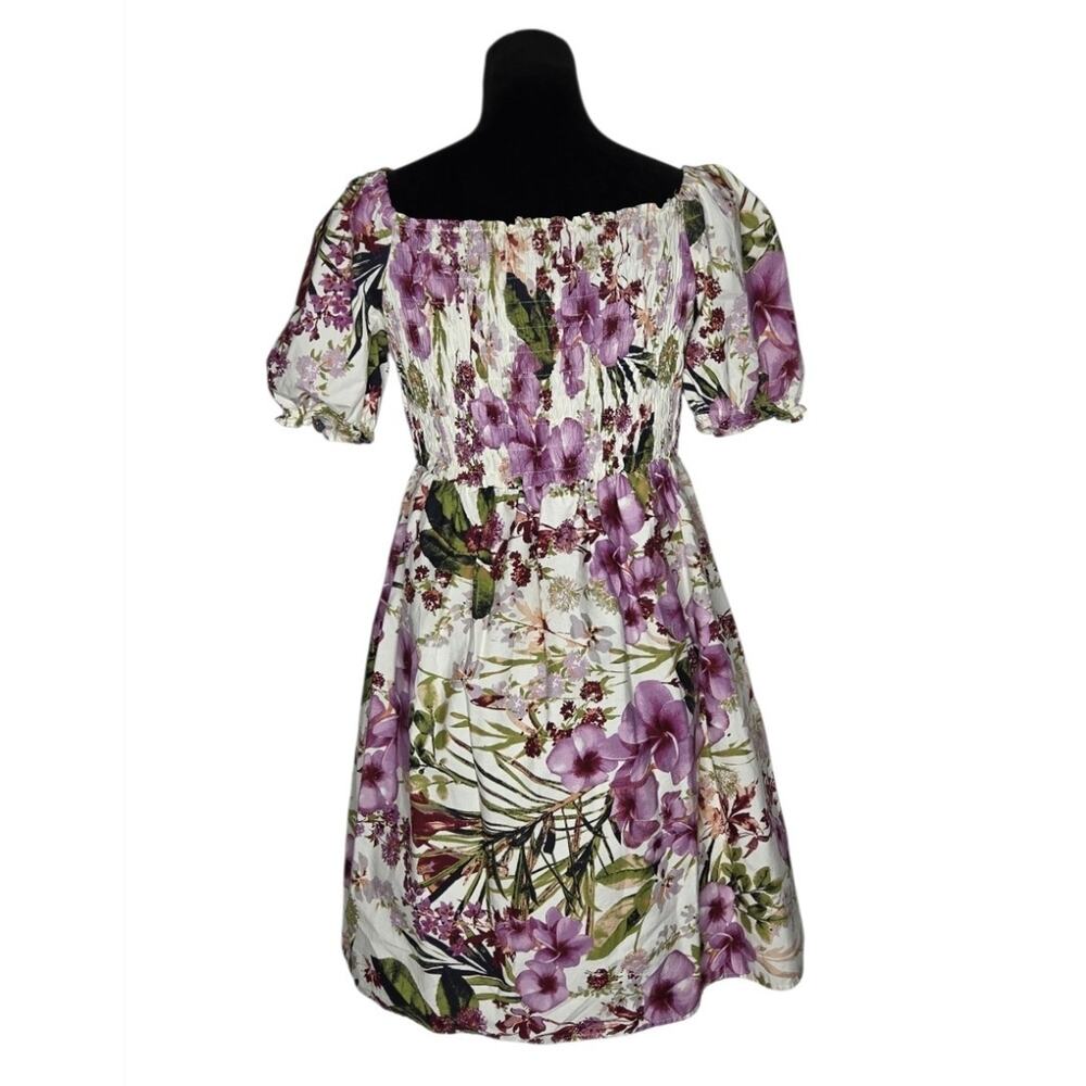 Floral Cotton Mini Dress Tropical Resort Smocked Off Shoulder Puff Sleeve Fits M - Picture 3 of 8